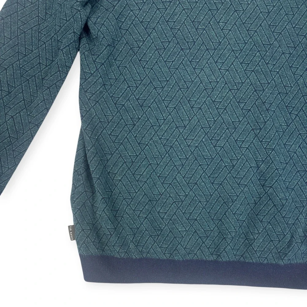 Ted Baker Mens L Sweater Cashmere Geometric Teal Navy Crewneck Academia Preppy